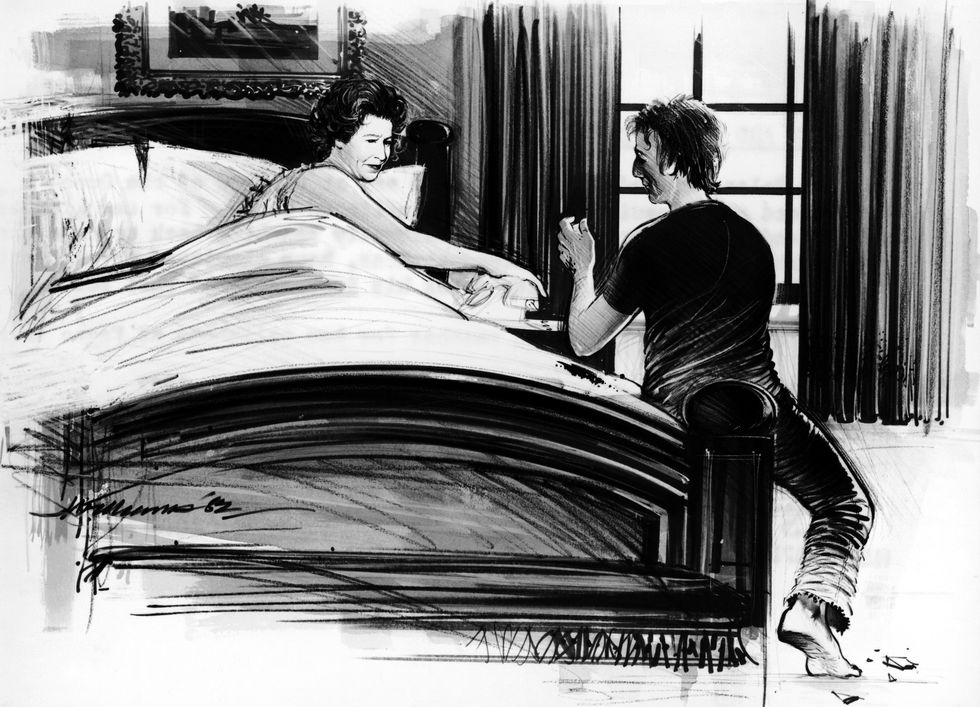 An artist's depiction of Michael Fagan sitting at the end of Queen Elizabeth II's bed