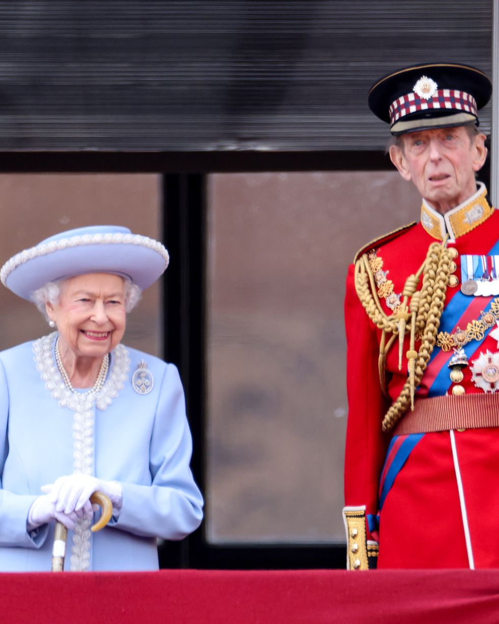 london, england   june 02   queen elizabeth ii and prince edward, duke of kent on the balcony of buckingham palace during the trooping the colour parade on june 02, 2022 in london, england the platinum jubilee of elizabeth ii is being celebrated from june 2 to june 5, 2022, in the uk and commonwealth to mark the 70th anniversary of the accession of queen elizabeth ii on 6 february 1952  photo by chris jacksongetty images