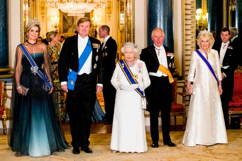 Queen Maxima, Queen Elizabeth, and Camilla, Duchess of Cornwall wear stunning tiaras at a state banquet last year.