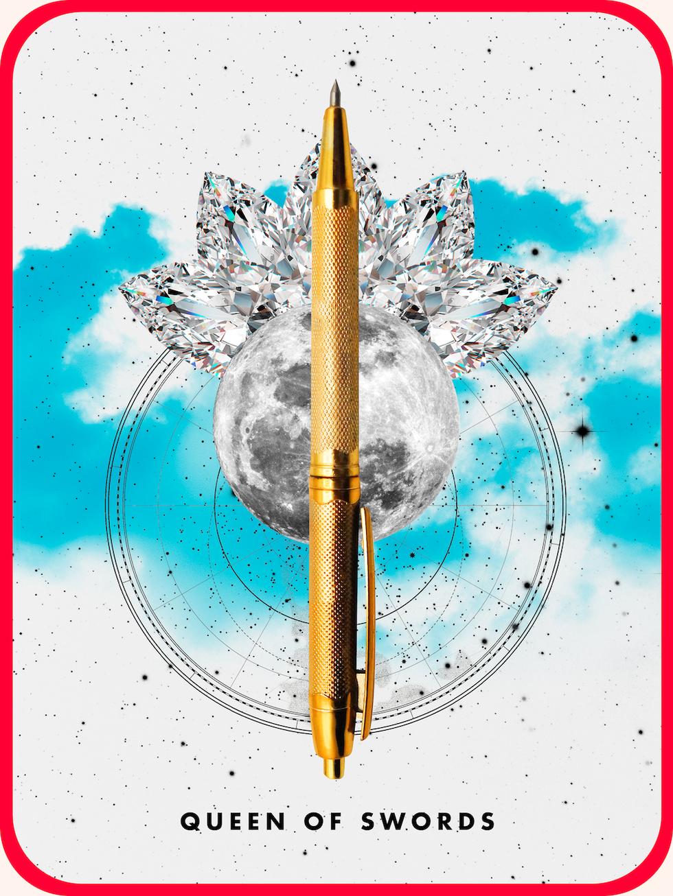 the queen of swords tarot card, showing a golden pen in front of a full moon and a crown shaped diamond