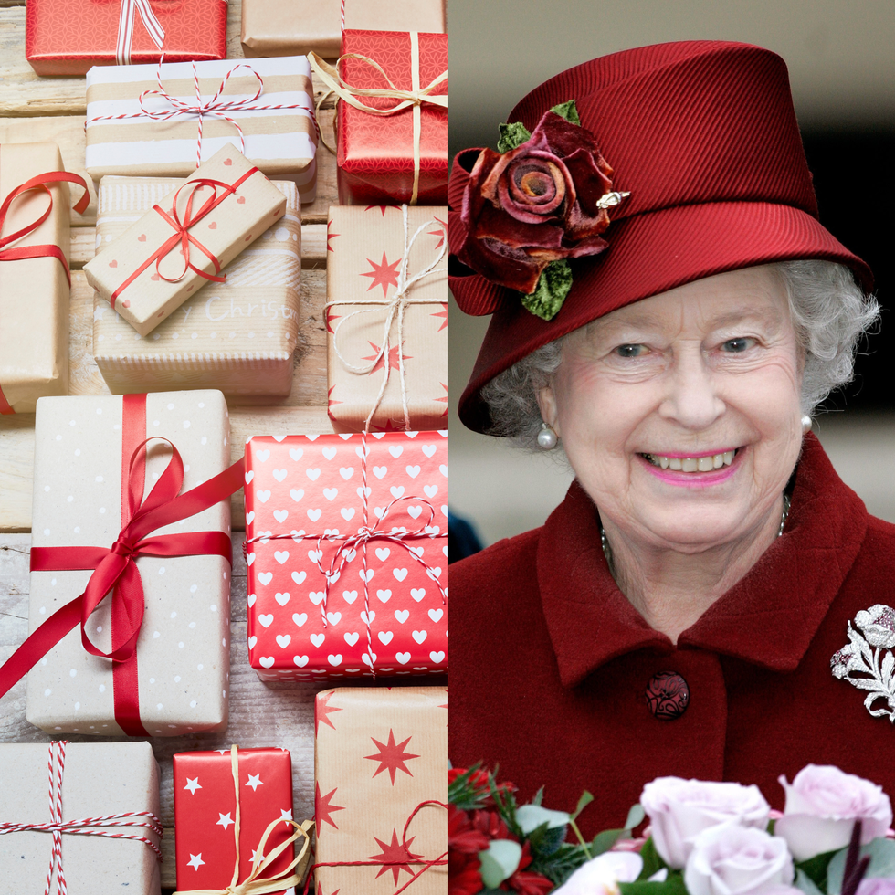 left many gifts on the table, right queen elizabeth smilineg in red outfits