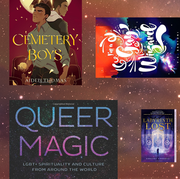 books including queer magic and cemetery boys arranged over a dark starry background