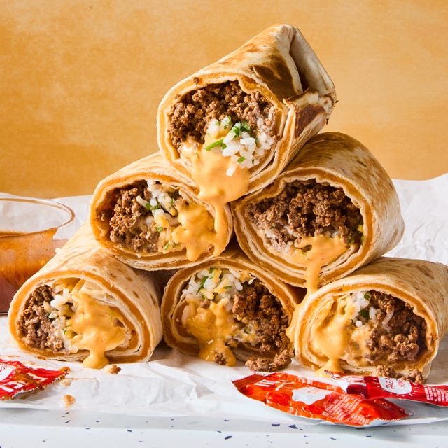 ground beef, rice, and cheese burrito wrapped in a quesadilla