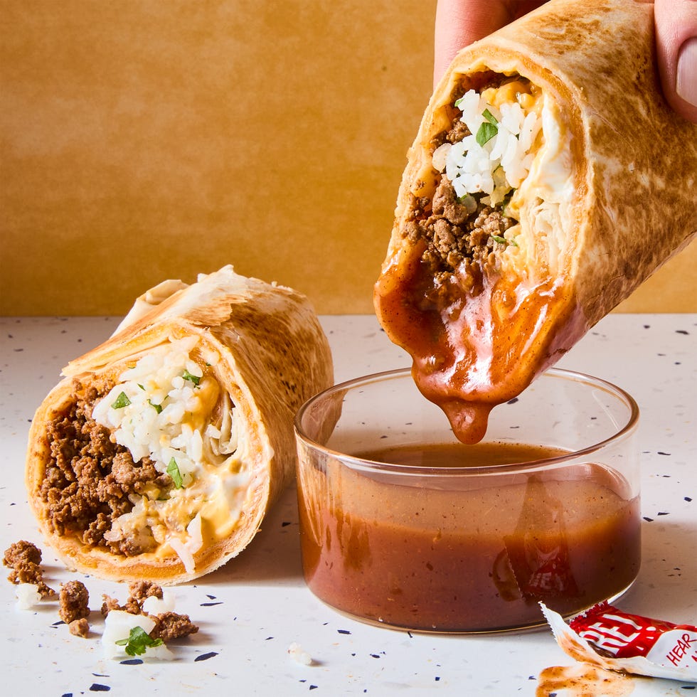 ground beef, rice, and cheese burrito wrapped in a quesadilla