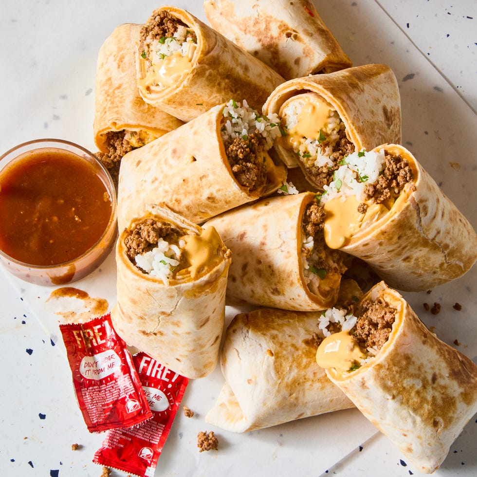ground beef, rice, and cheese burrito wrapped in a quesadilla