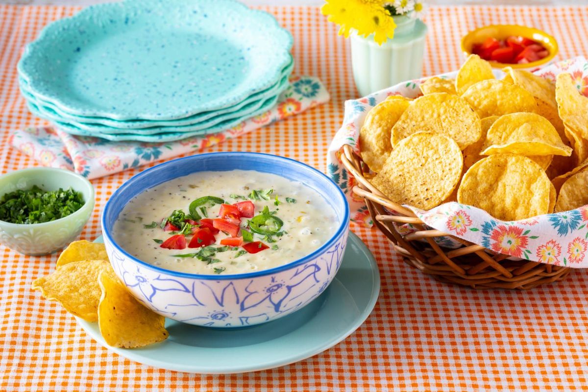 queso dip recipe with basket of chips
