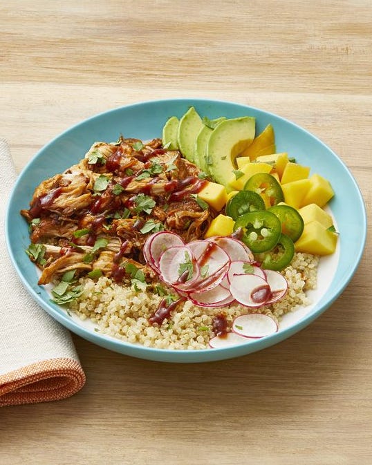 instant pot bbq chicken grain bowls with avocado and radishes