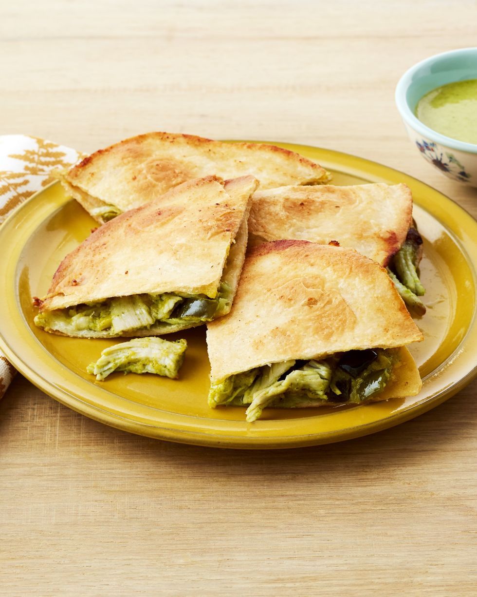lime chicken quesadillas on yellow plate