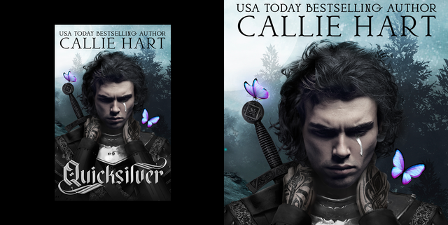 book cover for quicksilver by callie hart featuring a character with a sword and butterflies