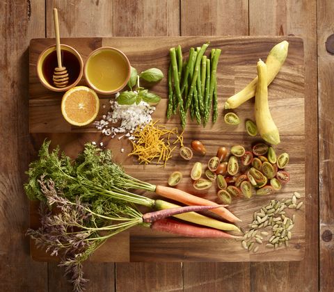 Quinoa salad ingredients on cutting board