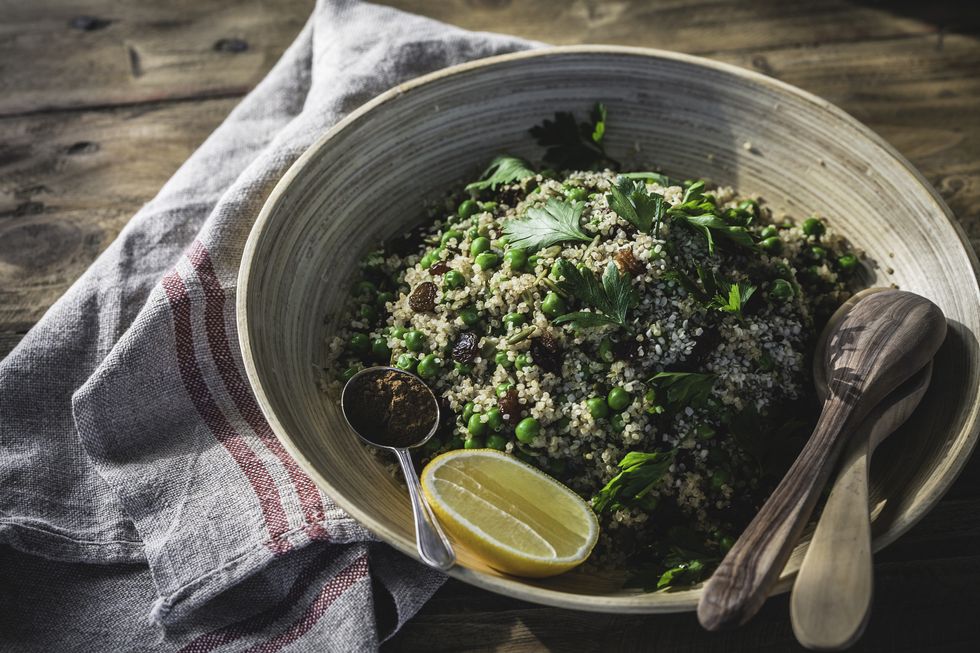 Quinoa Sweet Pea Pilaf in Bamboo Serving Bowl