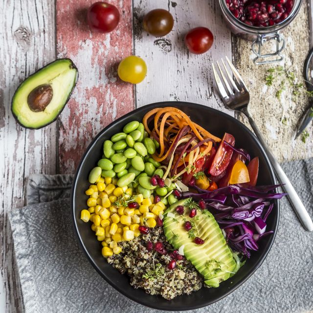 quinoa veggie bowl of avocado, edamame, tomatoes, corn, carrots, red cabbage and pomegranate seed