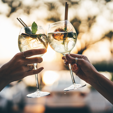 two people toasting cocktails