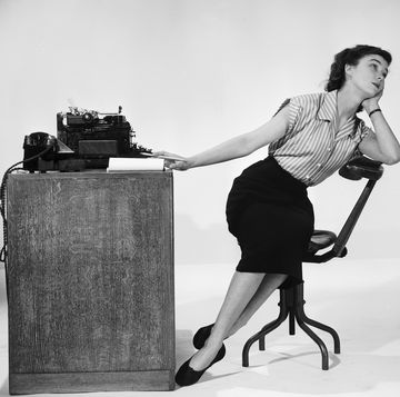 3rd february 1953  a model posing with a selection of office equipment  photo by chaloner woodsgetty images