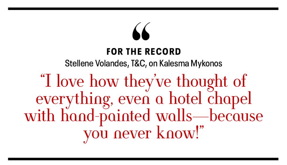 stellene volandes, tc, on kalesma mykonos “i love how they’ve thought of everything, even a hotel chapel with handpainted walls—because you never know”
