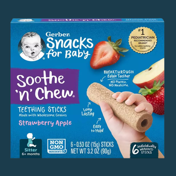packaging for baby teething snacks featuring a hand holding a teething stick