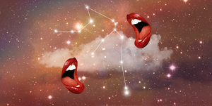 two open mouths wearing red lipstick face each other across a cloudy, starry sky the constellation of aquarius can be seen in the background