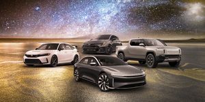 rivian r1t, lucid air, honda civic type r, and toyota gr corolla in a photo collage