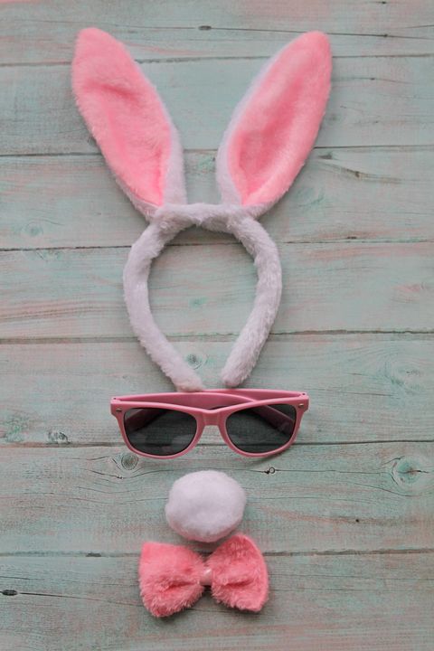 rabbit face made with sunglasses, white nose, big ears and pink bow tie