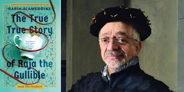 cover of rabih alameddine’s novel "the true true story of raja the gullible," featuring a turquoise background with red thread loops. portrait of rabih alameddine wearing a black cap and glasses, standing against a gray wall.