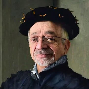 cover of rabih alameddine’s novel "the true true story of raja the gullible," featuring a turquoise background with red thread loops. portrait of rabih alameddine wearing a black cap and glasses, standing against a gray wall. cover of rabih alameddine’s novel "the true true story of raja the gullible," featuring a turquoise background with red thread loops. portrait of rabih alameddine wearing a black cap and glasses, standing against a gray wall.