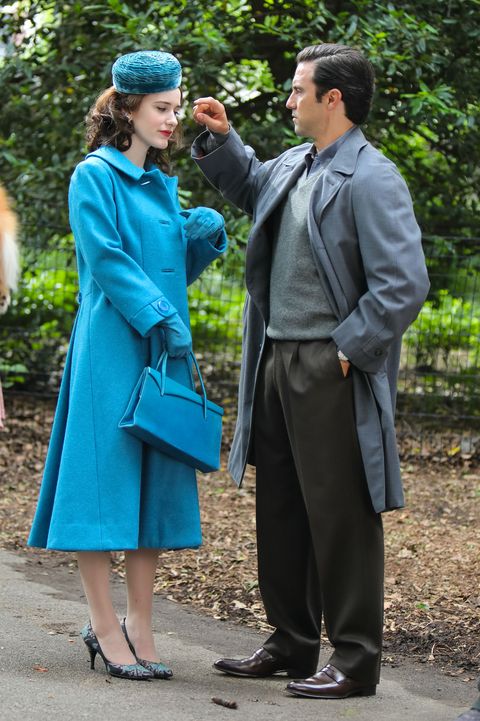rachel brosnahan and milo ventimiglia are seen at the film set of the marvelous mrs maisel tv series on june 10, 2021 in new york city
