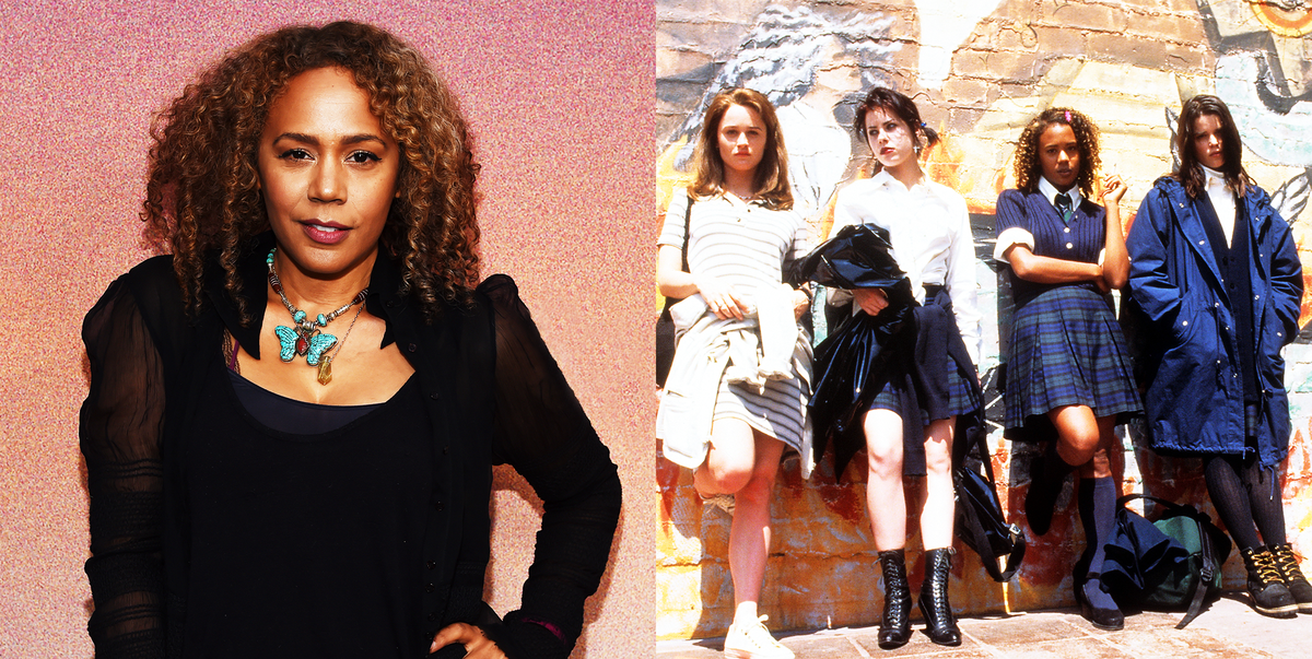 a side by side photo of actress rachel true wearing a black top and butterfly necklace over a glittery background, and a still image from the craft showing four teenage girls standing in a line