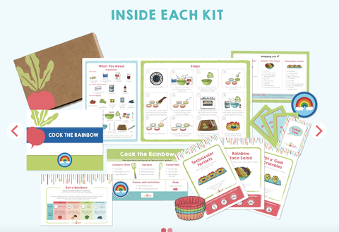 cooking subscription kit contents and box that includes instruction manual tips and cupcake liners