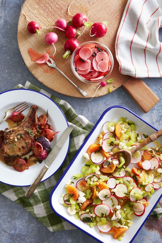 pork chops with roasted maple bacon radishes, quick pickled radishes, radish and celery salad with lemon tarragon dressing vegetable season recipes by christopher michel