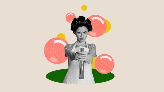 rage cleaning concept artwork sketch image photo collage of gesture finger point pressure young lady sad face mop wash floor