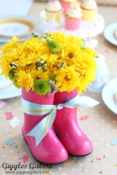 mini rain boot vase spring centerpiece