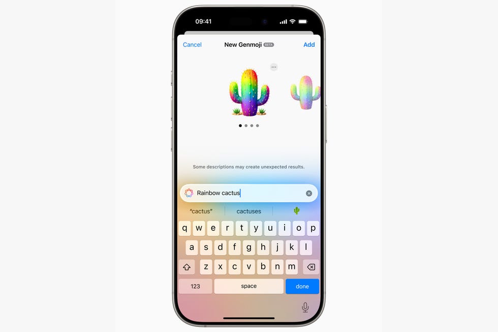 apple intelligence interface displaying a colourful rainbow cactus custom genmoji sticker