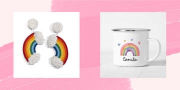 rainbow earrings and rainbow mug