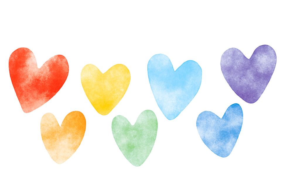 rainbow hearts in 7 colors, watercolor textures