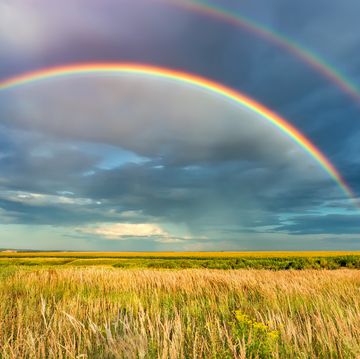 rainbow over stormy sky in countryside at summer day