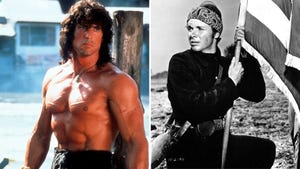 sylvester stallone caracterizado como rambo y audie murphy, el soldado que inspiró la historia