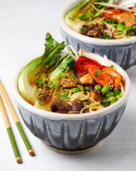 vegan ramen with roasted red miso veggies