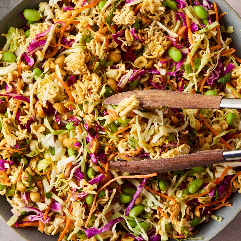 ramen noodle salad with edamame, purple cabbage, and peanuts