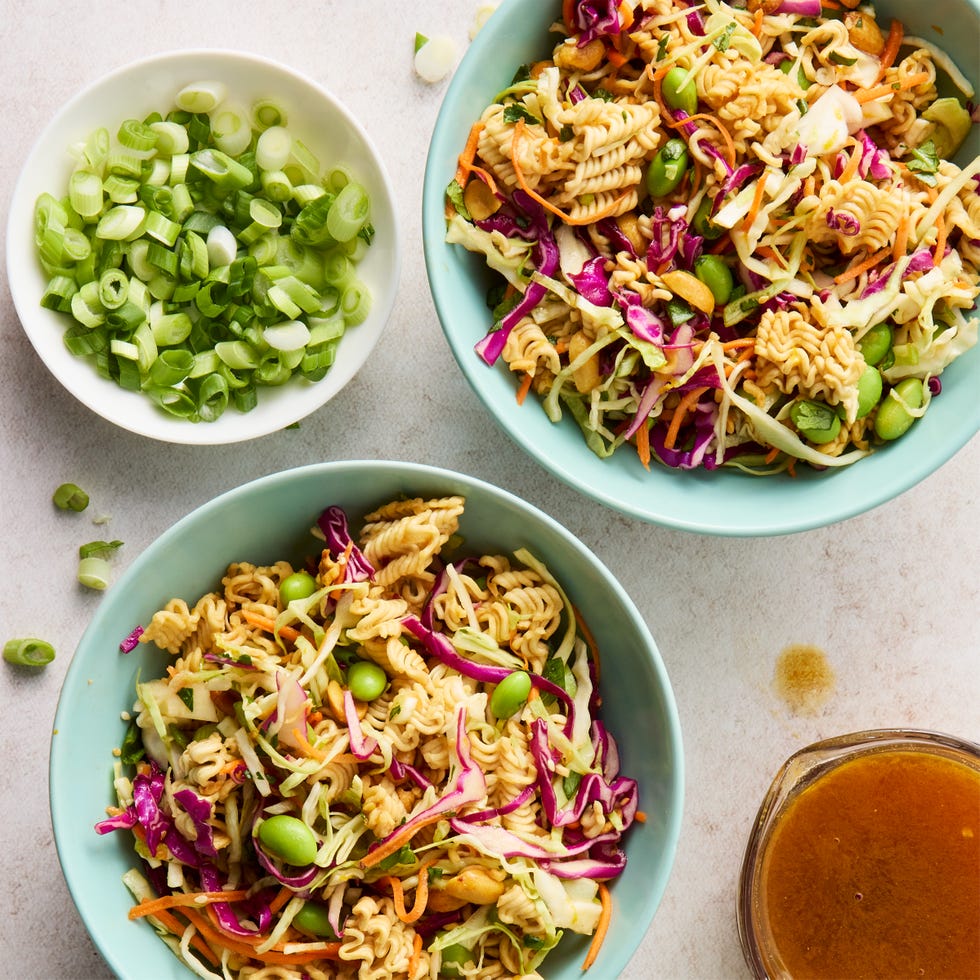 ramen noodle salad with edamame, purple cabbage, and peanuts