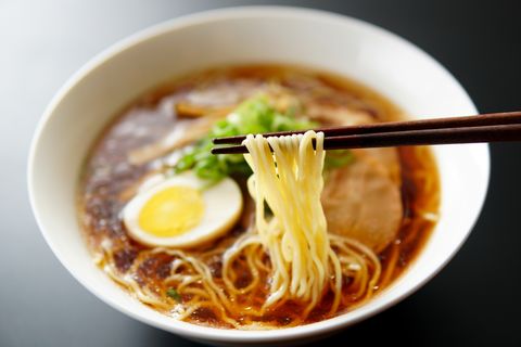 Ramen noodles in soy sauce flavored soup.