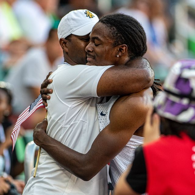 randolph ross hugs his father and coach, duane ross after the olympic trials in 2021