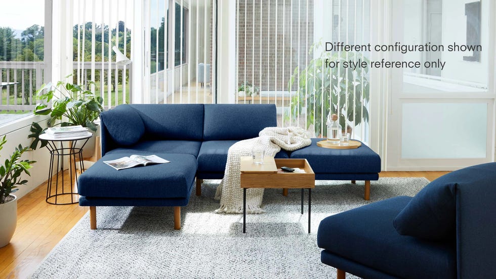 Living room with blue sofa