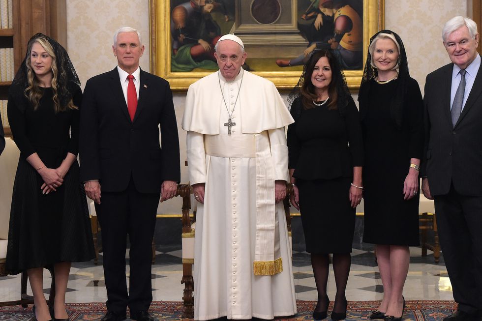 vatican city, vatican   january 24 pope francis meets with the us vice president mike pence, his wife karen, his daughter in law sarah, us ambassador callista gingrich and newt gingrich during a private audience at the apostolic palace on january 24, 2020 in vatican city, vatican photo by vatican pool