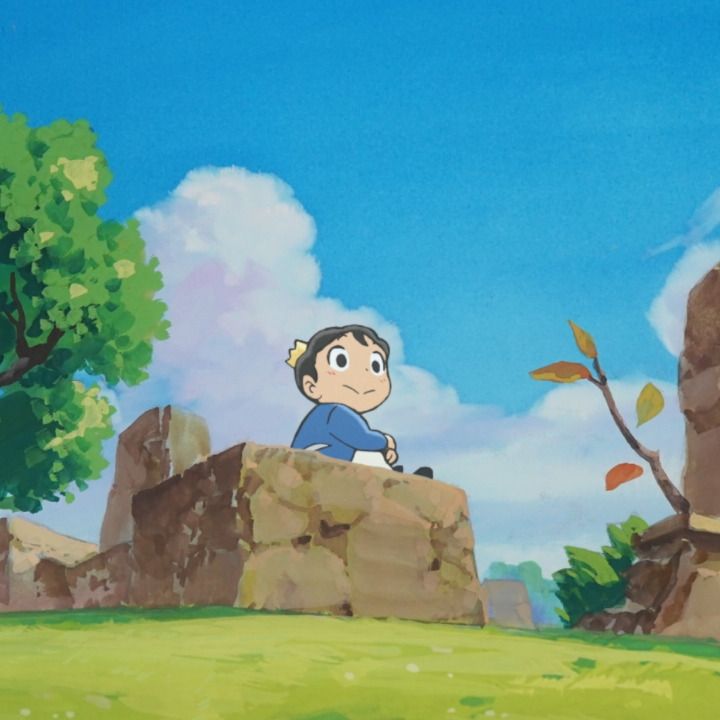 screenshot from ranking of kings episode 1 featuring prince bojji sat on a rock