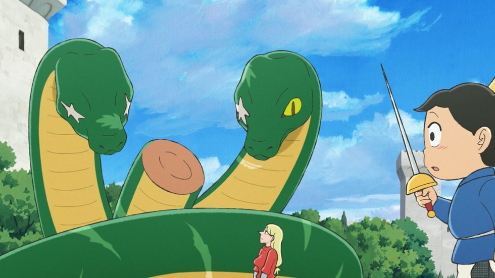 ranking of kings scene where prince bojji and queen hilling look up at a giant snake
