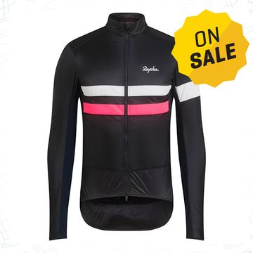mens brevet insulated jacket from rapha with pink and white reflective stripes