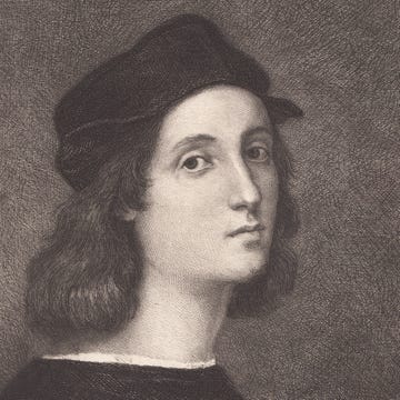 Raphael (1483-1520), Italian painter, Self-portrait, Galleria degli Uffizi, Florence, Italy - stock illustration Raffaello Sanzio da Urbino (Italian painter, 1483 - 1520). Etching after his self-portrait (1504-06) in the Galleria degli Uffizi, Florence, Italy, published in 1884.