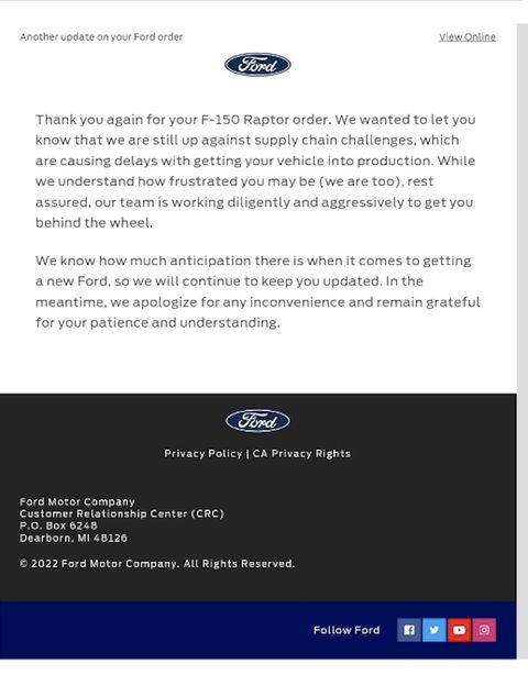 Ford Raptor Delayed Production Notice