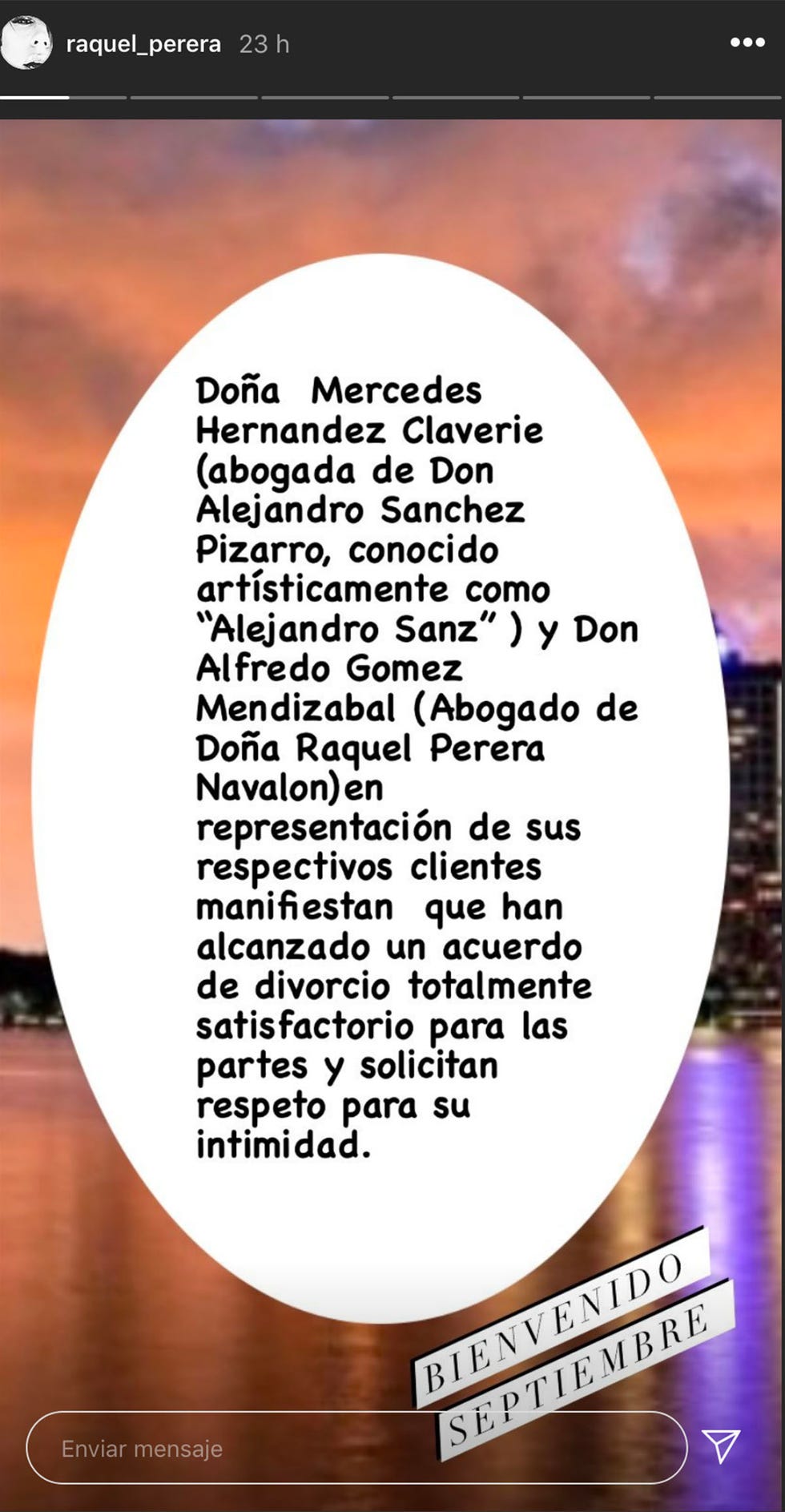 comunicado que raquel perera ha compartido para anunciar su acuerdo de divorcio con alejandro sanz