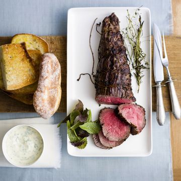 rare roasted beef fillet with bread and sauce